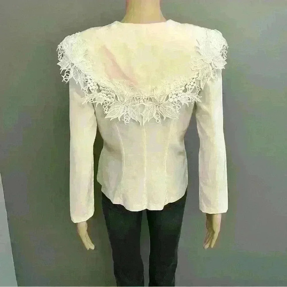 Vintage lace trim pastel  pink long sleeves button down blouse - Picture 3 of 9